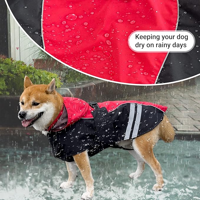 Dog Raincoat for Medium Large Extra Large Dogs, Waterproof Rain Jacket with Reflective Strap, Lightweight Hoodies Full-Body Coverage Dry Clothes (2XL, Red)
