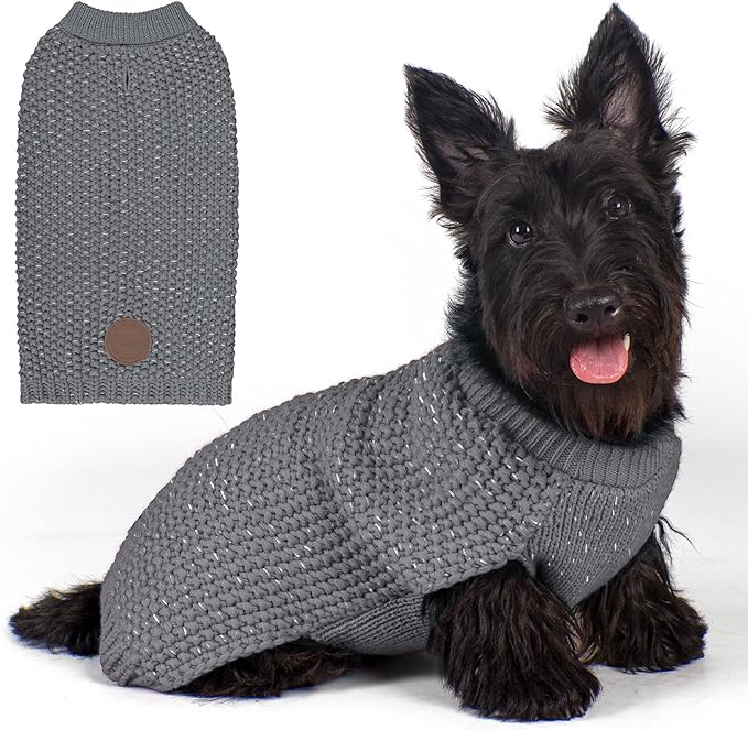 KYEESE Dog Sweater with Leash Hole Warm Pullover with Reflective Yarn for Small and Medium Dogs Male Soft Knit Pullover Boy Dog Coats Cozy Lightweight Thick Sweater,Grey,Medium