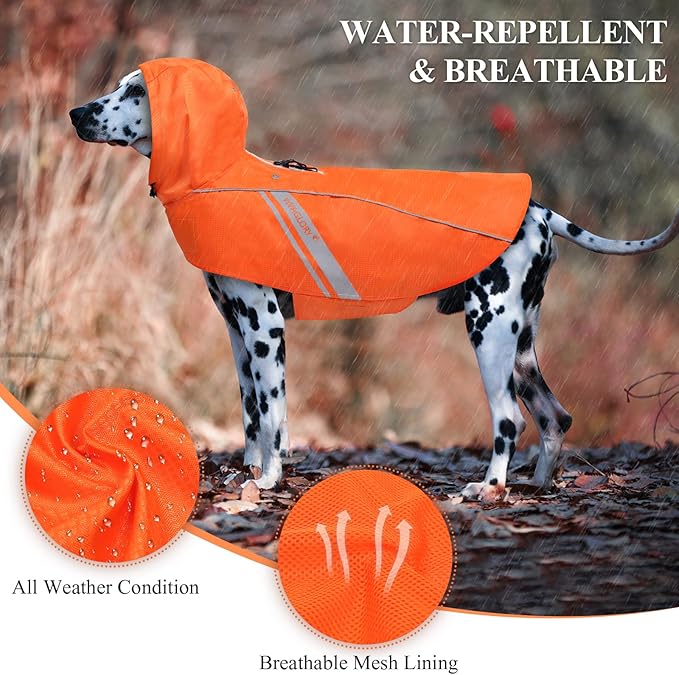 VIVAGLORY Wetoff Dog Raincoat, Rain Coat for Dog All Seasons Adventure, Rain Jacket with Harness Hole & Hood, Reflective Lightweight Waterproof for Doggy & Puppy, L, Orange
