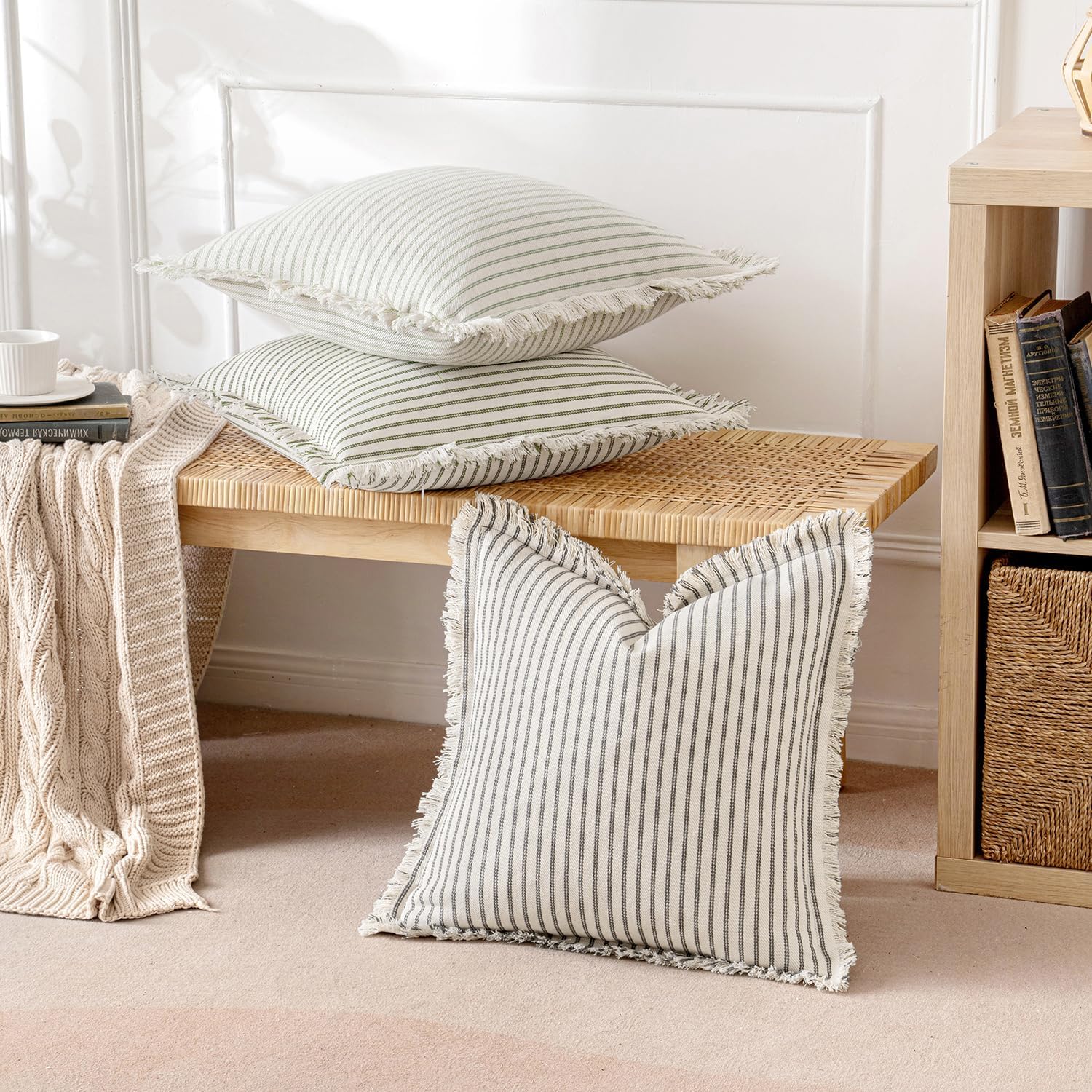 MIULEE Pack of 2 Sage Green Pillow Covers 24x24 Inch Striped Farmhouse Couch Throw Pillow Covers with Fringe Chic Linen Decorative Cushion Eruo Sham for Sofa Living Room Bed Outdoor Home Decor