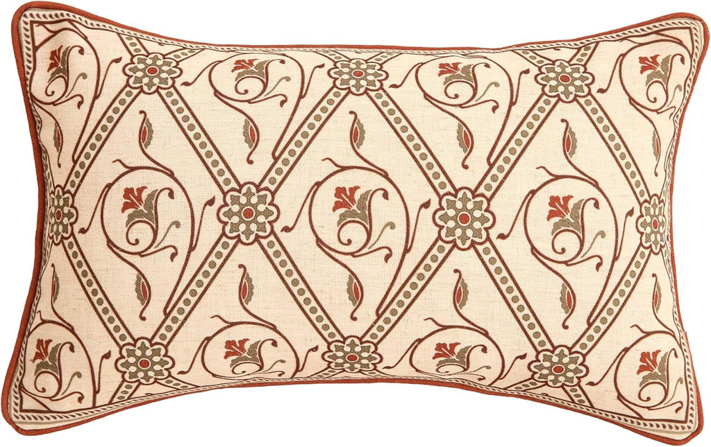 ISAENNE Design Linen Lumbar Vintage Throw Pillow Covers 12"x20",Red Euro Cushion Covers with Orange Floral Green Leaves Pattern Decor Pillowcases for Bed,Living Room,Outdoor,Car