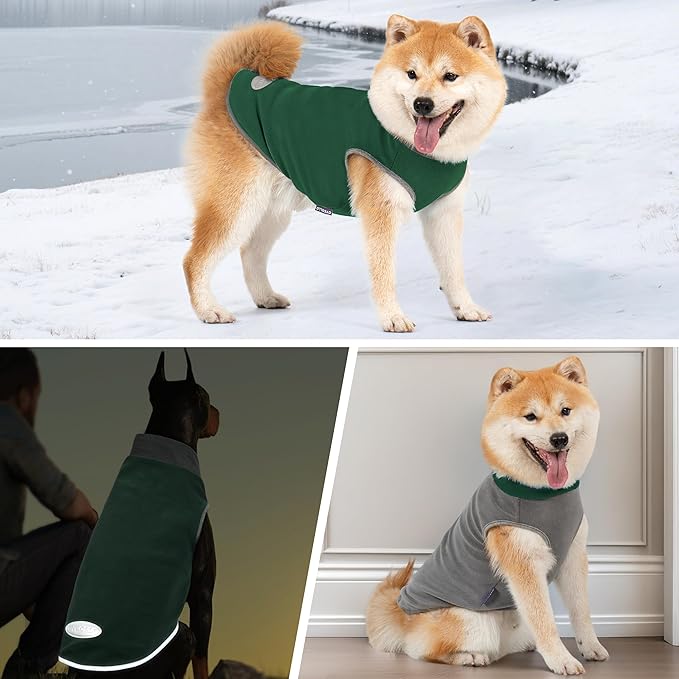 cyeollo 2 Pack Dog Sweater Stretchy Sweatshirt Lightweight Fleece Vest Reflective Jacket Dog Clothes Sweaters for Medium Dogs Boy Green & Grey