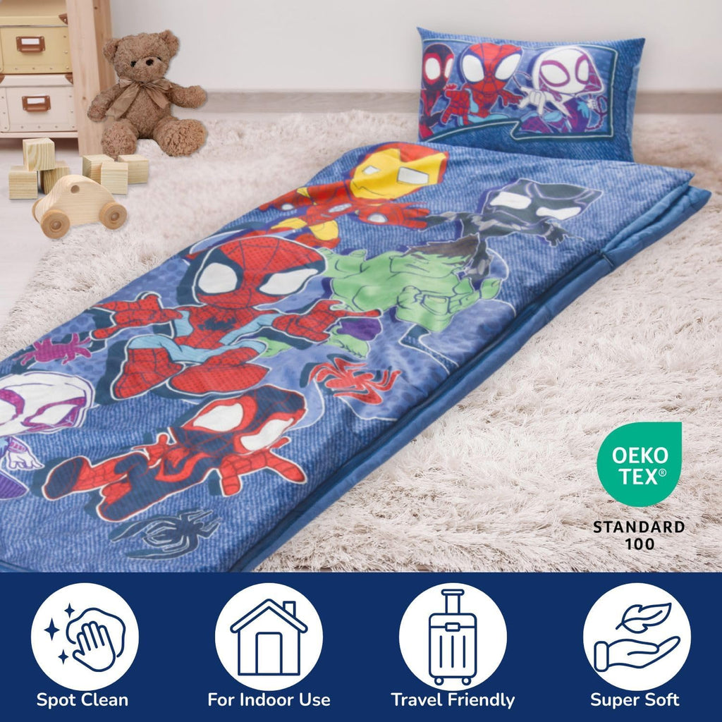 Jay Franco Kids Slumber Bag and Pillow - 54 x 27 Inch Comfy Indoor Sleeping Bag for School and Sleepovers, 2 Piece Set, Blue - Spidey & His Amazing Friends