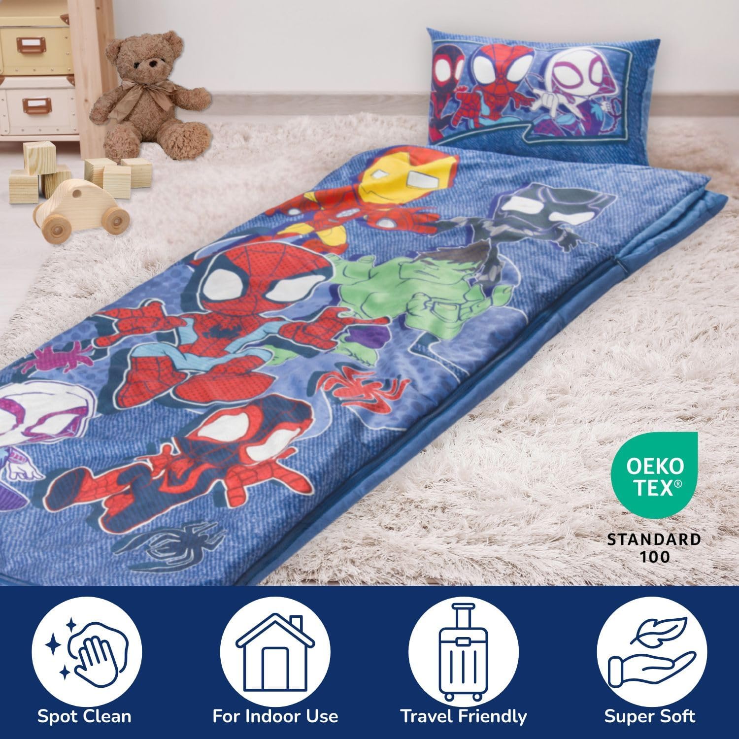 Jay Franco Kids Slumber Bag and Pillow - 54 x 27 Inch Comfy Indoor Sleeping Bag for School and Sleepovers, 2 Piece Set, Blue - Spidey & His Amazing Friends