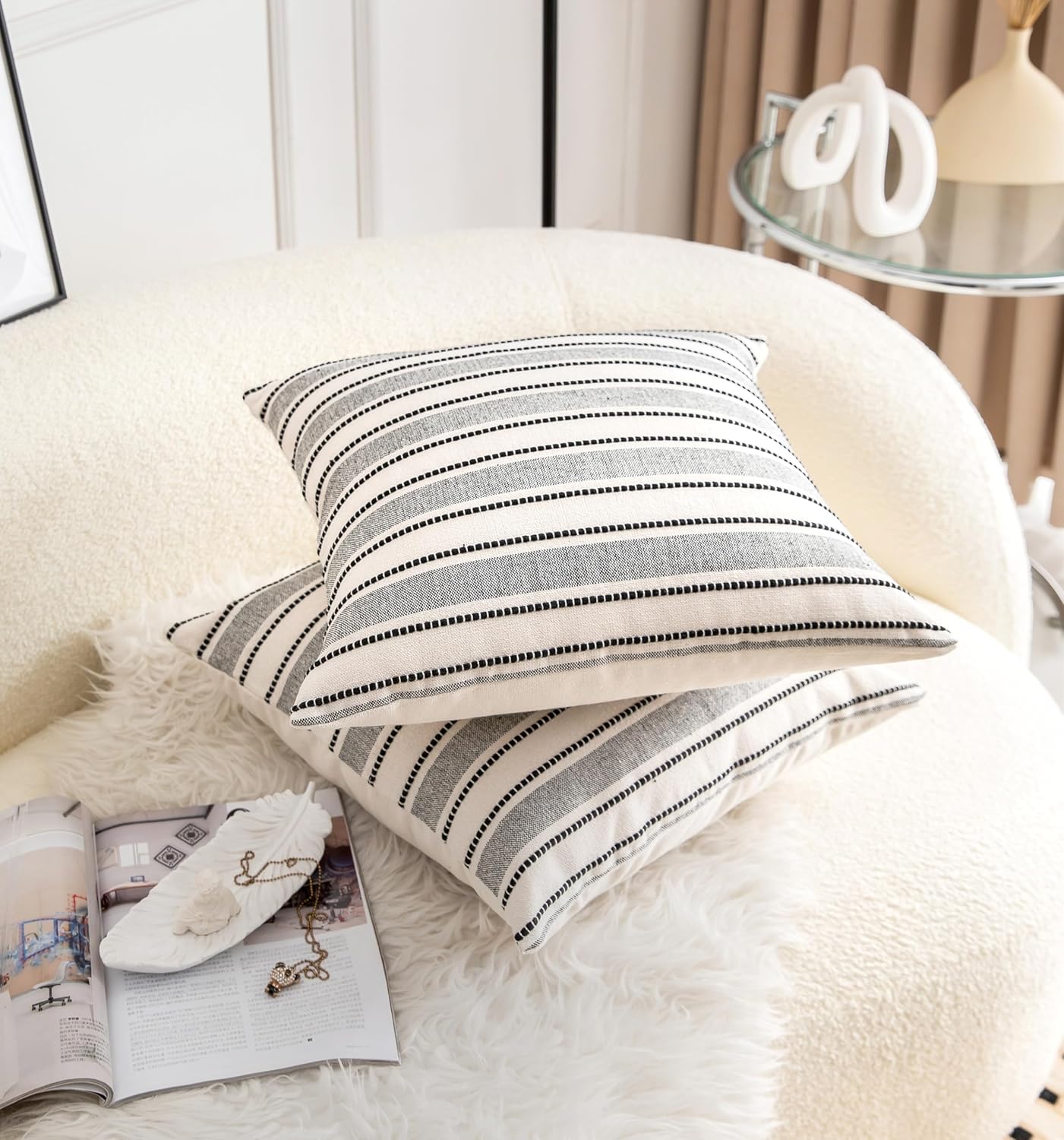 Decorative Boho Throw Pillow Covers, Farmhouse Textured Pillow Case, 20 x 20 Inch Set of 2, Chair Sofa Bedroom Living Room Home Decor Couch Cushion Case, Black and Beige Striped