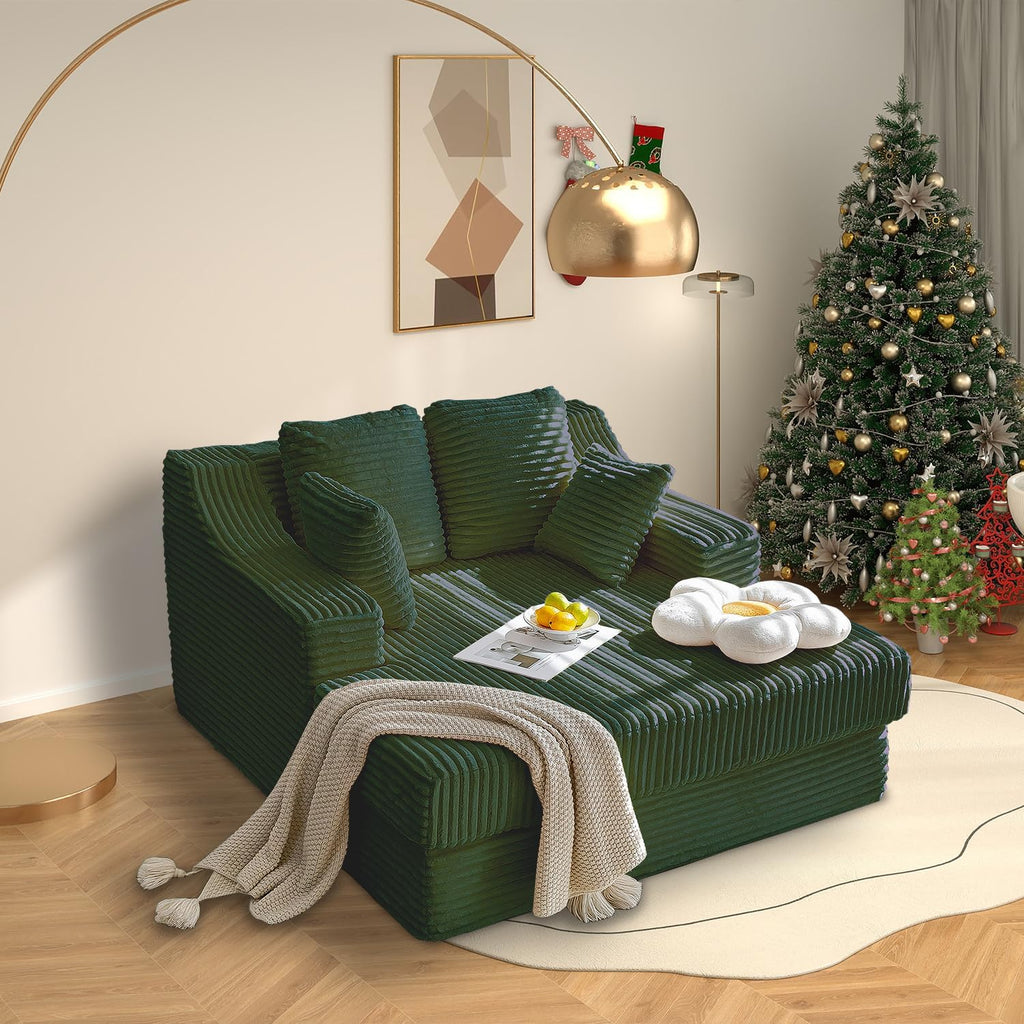 55 Inch Chaise Lounge Indoor - Oversized Chaise Lounge with 4 Throw Pillows and Armrets, Upholstered Plush Sofa Bed, Corduroy Lazy Chair Bed, Sleeper Chair for Living Room or Bedroom, Green