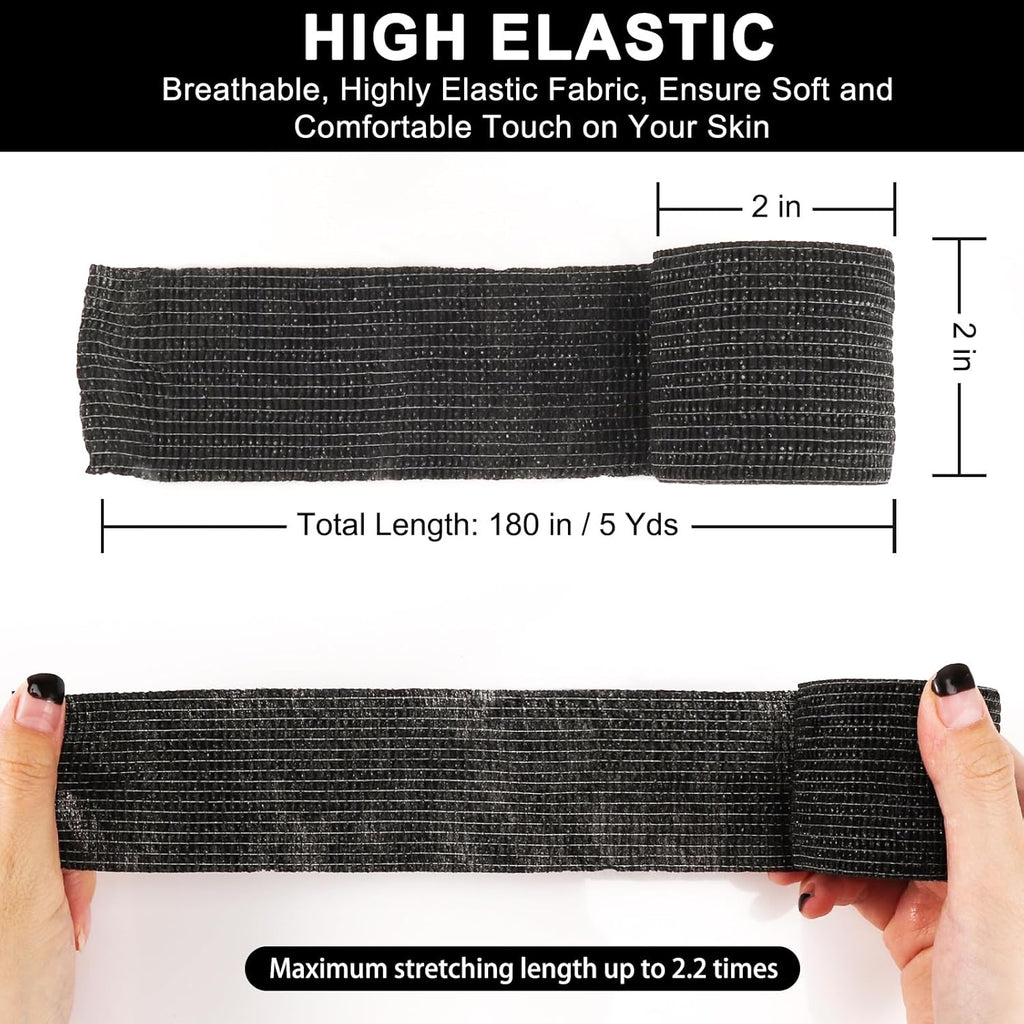 24 Pack Self Adhesive Bandage Wrap, 2” x 5 Yards Elastic Cohesive Bandage Wrap Black Athletic Tape Grip Tape for Ankle, Wrist Sprains, Sports Injuries & Pet First Aid | Medical Sports Tape