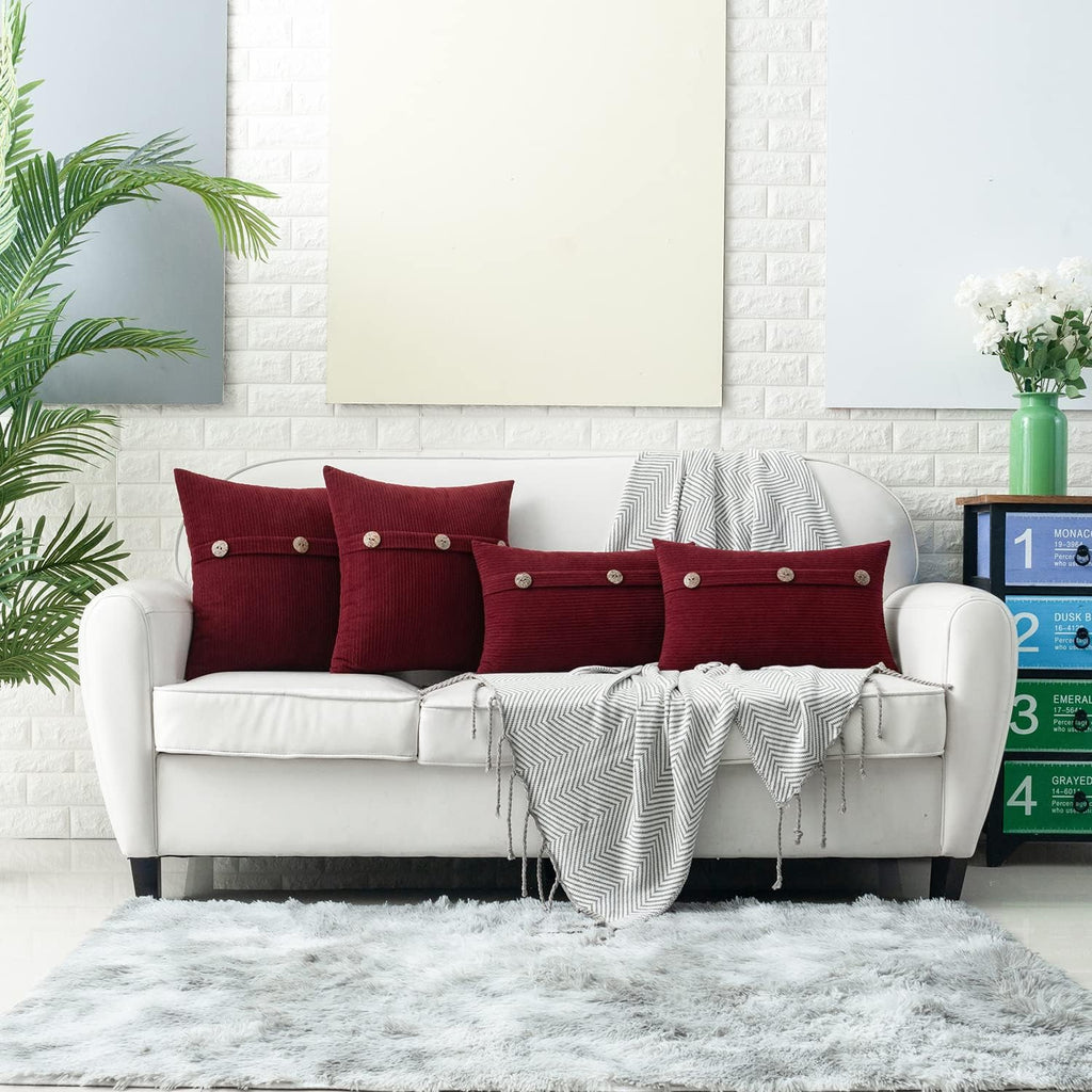 HWY 50 Burgundy Red Chenille Throw Pillow Covers 12x20 Inch with Triple Buttons, Soft Farmhouse Accent Decorative Cushion Cases for Couch Sofa Living Room Pack of 2 Rectangle