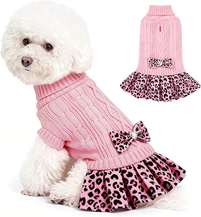 WOYYHO Girl Dog Sweater Dress with Bowtie Turtleneck Small Dogs Sweater with Leash Hole, Knitted Small Dog Sweaters Dress Puppy Winter Clothes for Yorkies Chihuahua (S, Pink Leopard)