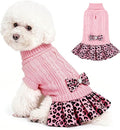 WOYYHO Girl Dog Sweater Dress with Bowtie Turtleneck Small Dogs Sweater with Leash Hole, Knitted Small Dog Sweaters Dress Puppy Winter Clothes for Yorkies Chihuahua (S, Pink Leopard)