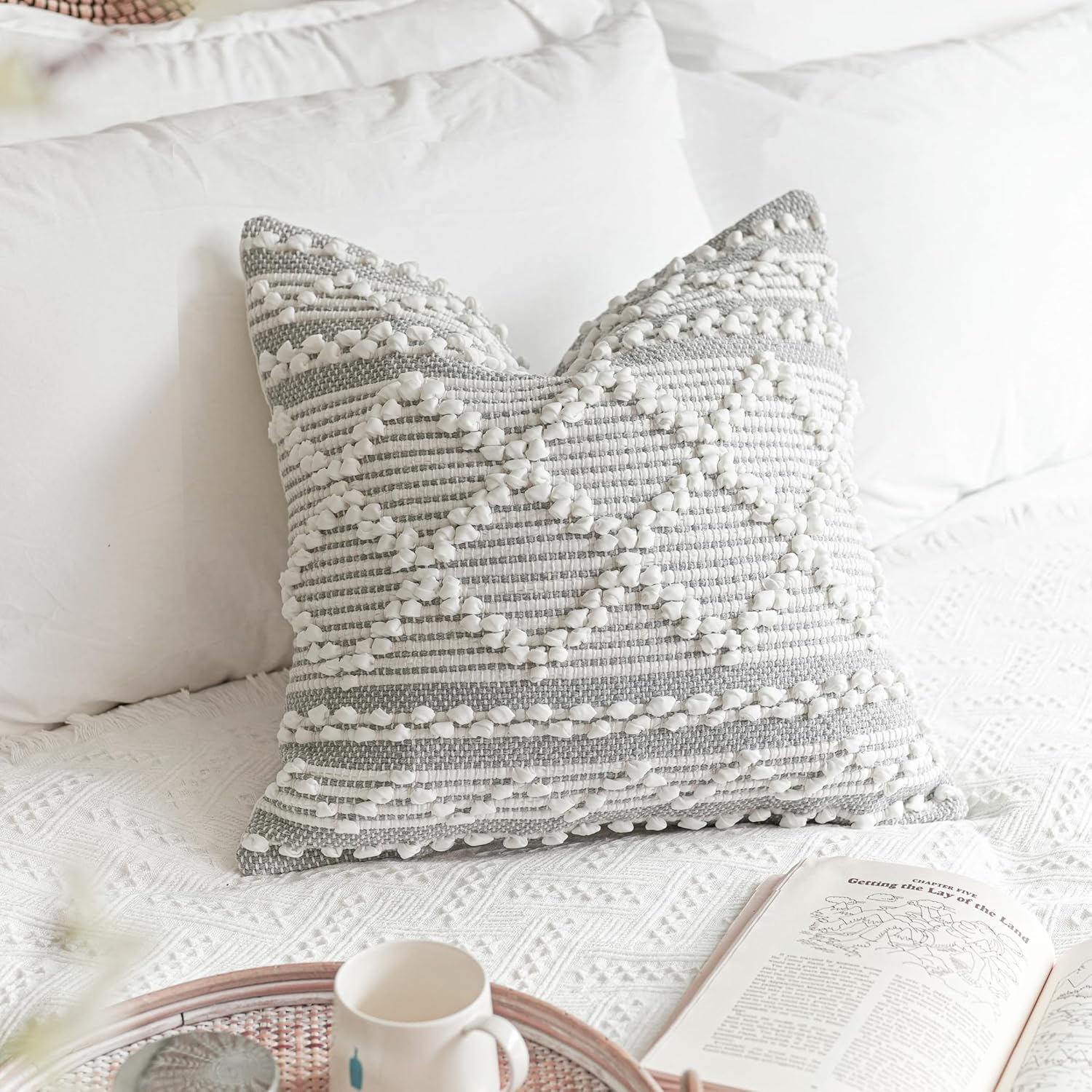 BlissBlush Gray White Decorative Throw Pillow Cover 20X20, Boho Accent Pillow for Couch, Square Modern Farmhouse Pillowcase for Living Room Couch Sofa Cushion Home Décor (Pack of 1)