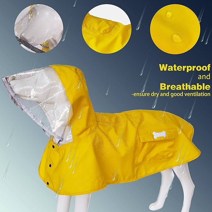 Waterproof Dog Raincoat, Adjustable Reflective Lightweight Pet Rain Clothes with Poncho Hood (3X-Large, Yellow)