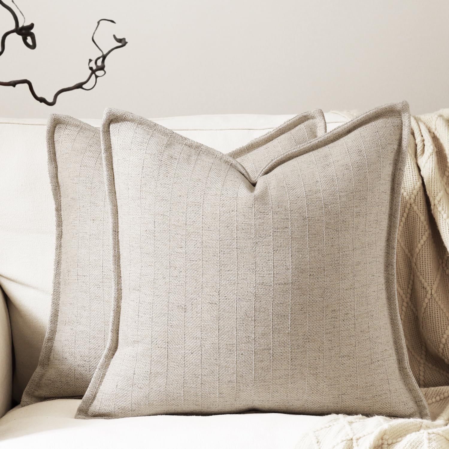 16x16 Linen Pillow Covers Natural Beige Pack of 2 Farmhouse Boho Neutral Accents Striped Textured Square Decorative Throw Pillow Cases for Living Room Couch Bed Home Decor