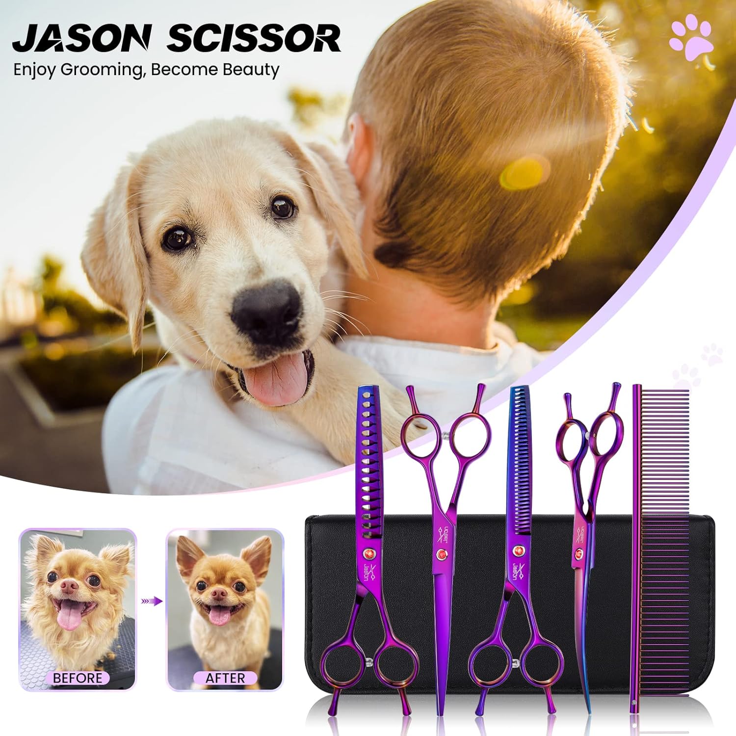 JASON Dog Grooming Scissors Kit, Professional 6 in 1 Dog Scissors Sharp Shears Set - Straight, Thinning, Chunker, Curved Shears and Comb for Long Short Hair for Dog Cat Pet