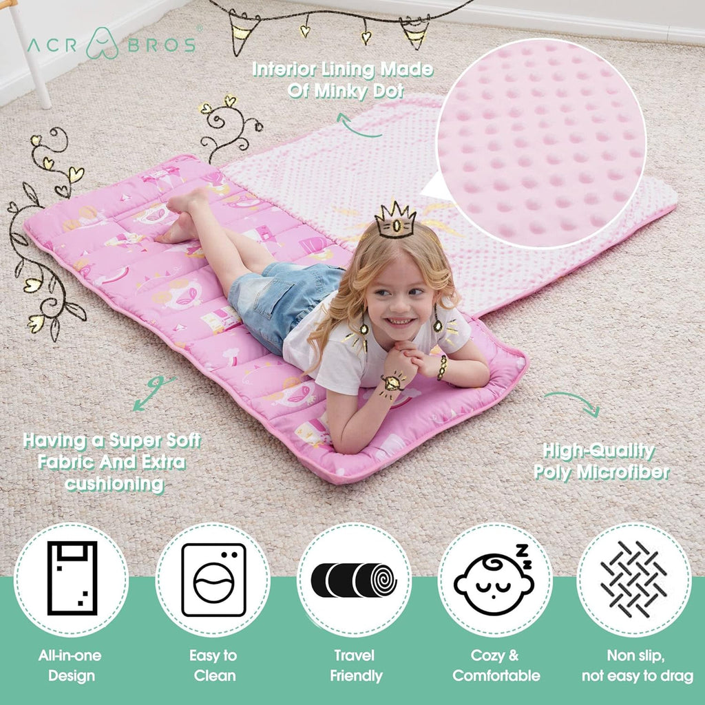 ACRABROS Toddler Nap Mat with Pillow and Blanket, Extra Large Rolled Napping Mats,Slumber Bags for Boys Girls,Kids Sleeping Bag for Daycare, Preschool Travel Camping,Little Princess