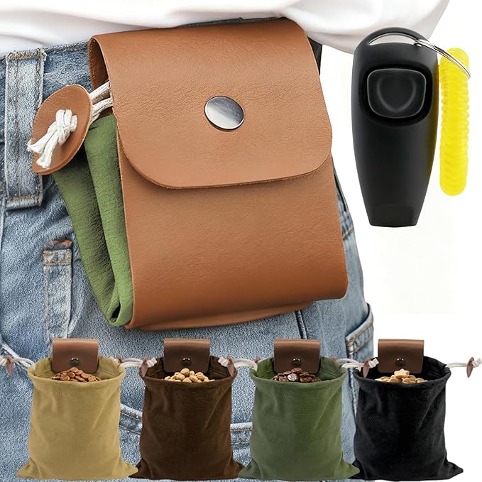 Dog Treat Pouch with Training Clicker & Whistle - Stylish & Portable Large-Capacity Foldable Pet Training Pouch with Wlastic Belt for Outdoor Use/Pet Training (Green)