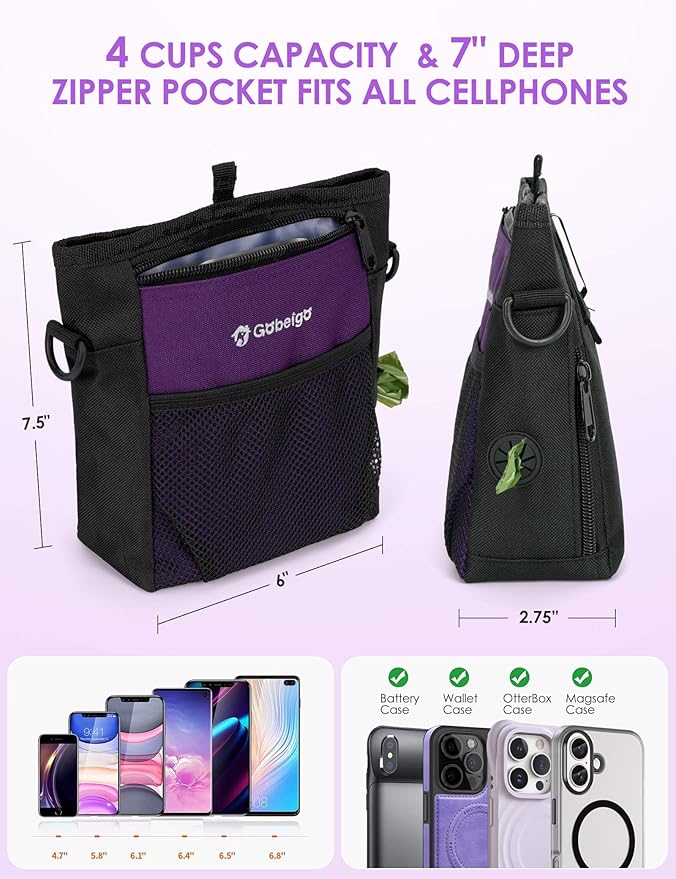 Gobeigo Dog Treat Pouch with Silicone Snack Bag, Front Pocket fits All Phones, 4 Cup Treat Bag with Training Clicker, Upgrade Stronger Magnetic Closure, 3 Ways to Wear Walking Fanny Pack (Purple)