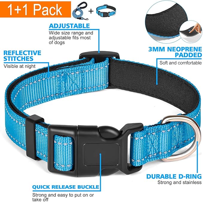 Reflective Dog Collar Padded with Soft Neoprene Breathable Adjustable Nylon Dog Collars for Small Medium Large Dogs (Medium (Pack of 1), Vivid Blue Collar+Leash)
