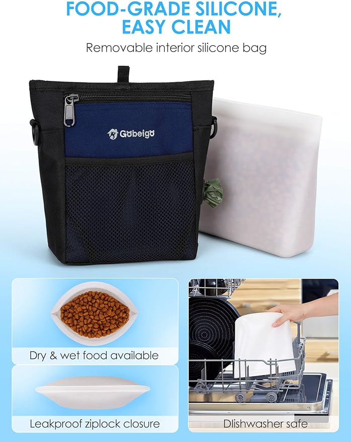 Gobeigo Dog Treat Pouch with Silicone Snack Bag, Front Pocket fits All Phones, 4 Cup Treat Bag with Training Clicker, Upgrade Stronger Magnetic Closure, 3 Ways to Wear Walking Fanny Pack (Navy Blue)