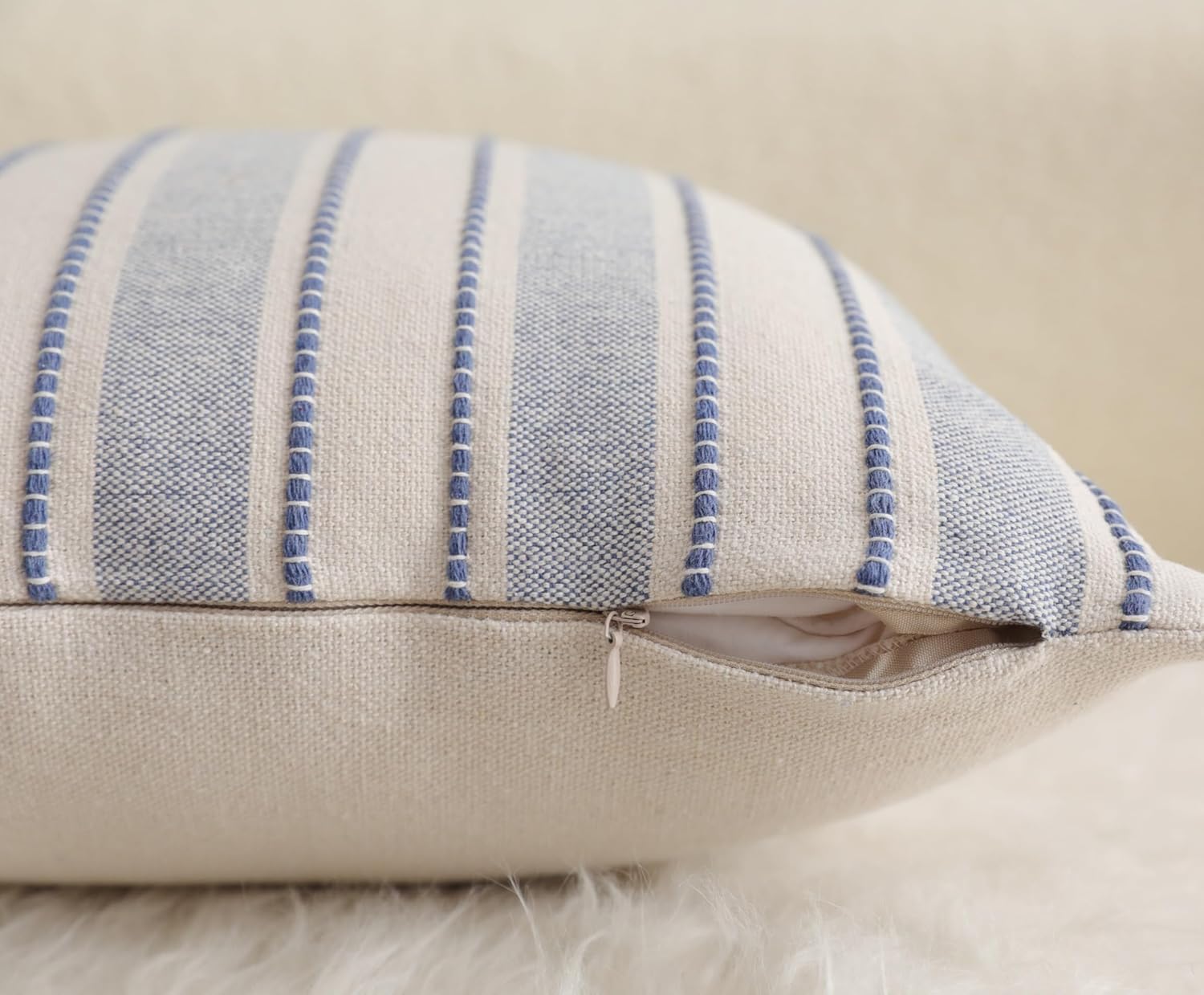 Decorative Boho Throw Pillow Covers, Farmhouse Textured Pillow Case, 22 x 22 Inch Set of 2, Chair Sofa Bedroom Living Room Home Decor Couch Cushion Case, Classic Blue and Beige Striped