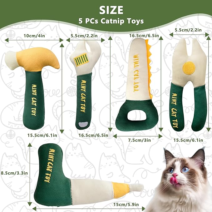 Catnip Toys for Cats, Chew Resistant Cat Toys with Natural Catnip, Interactive Funny Shape Kitten Kicher, Soft Cat Teething Chew Toy for Indoor Cats & Kittens, Tool Shape Pet Toys, 5 Pack