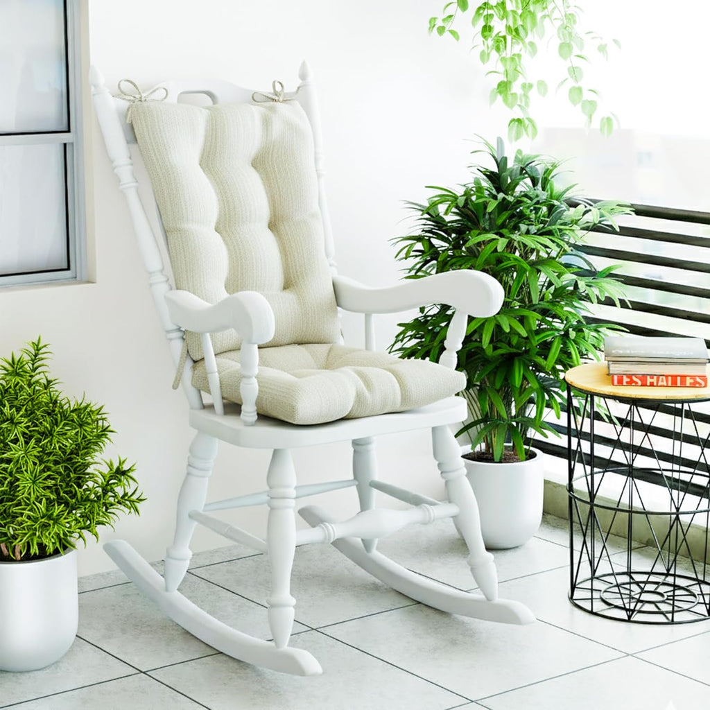 Klear Vu Omega Non-Slip Rocking Chair Cushion, Assembled in USA, Thick Tufted Design, Includes Seat Pad & Back Pillow with Ties, 17x17 Inches, 2-Piece Set, Solid Ivory