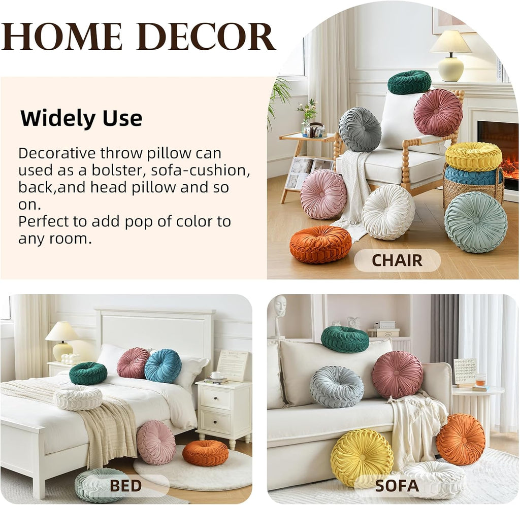 2 Pcs Round Throw Pillows Decorative Pumpkin Velvet Boho Pleated Bed Pillows Back Support for Couch Chair Dorm Car 14.96'' (Black)