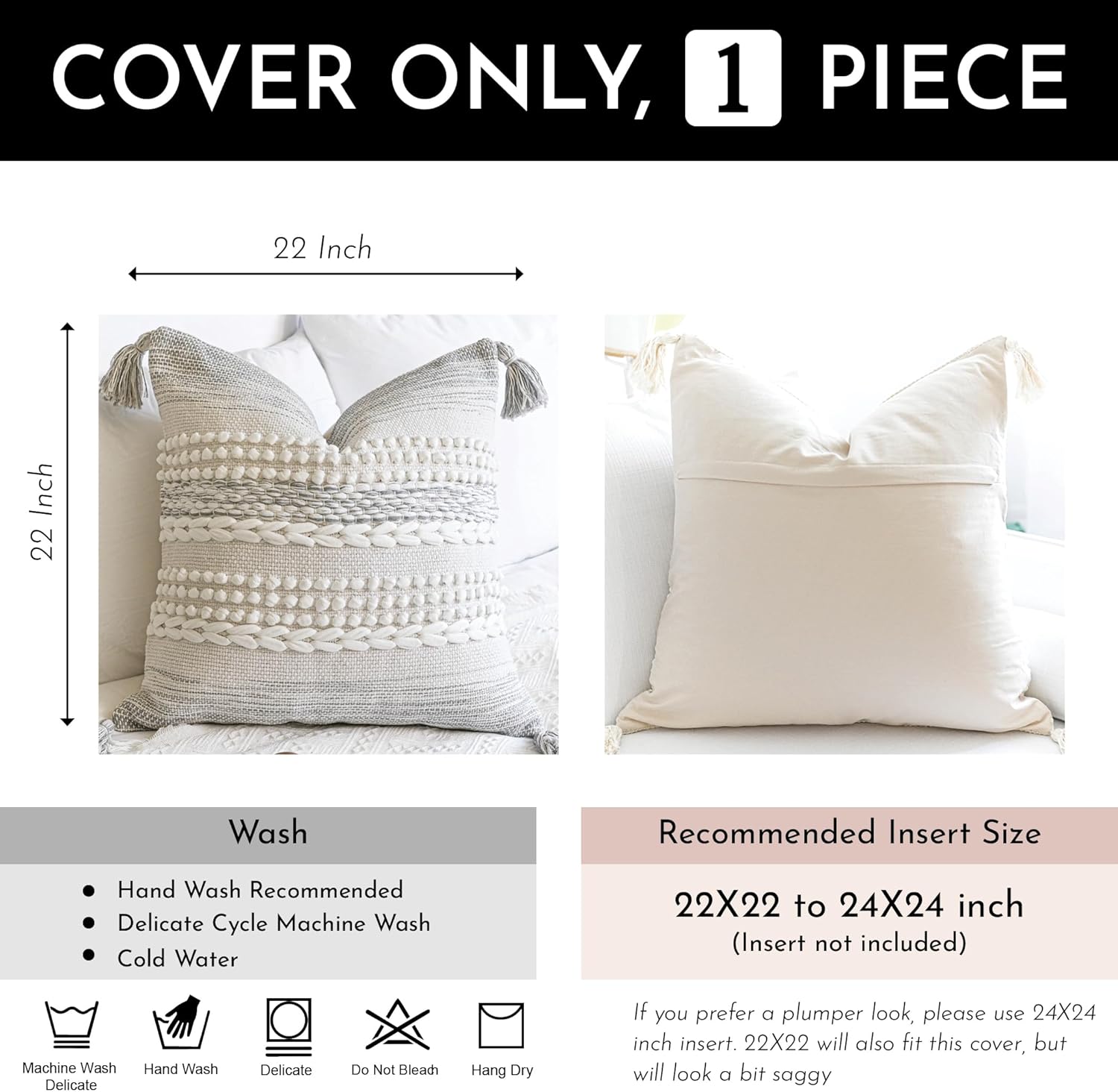 BlissBlush Gray Decorative Throw Pillow Cover 22X22, Boho Accent Pillow for Couch, Square Modern Farmhouse Pillowcase for Living Room Couch Sofa Cushion Home Décor (Pack of 1)