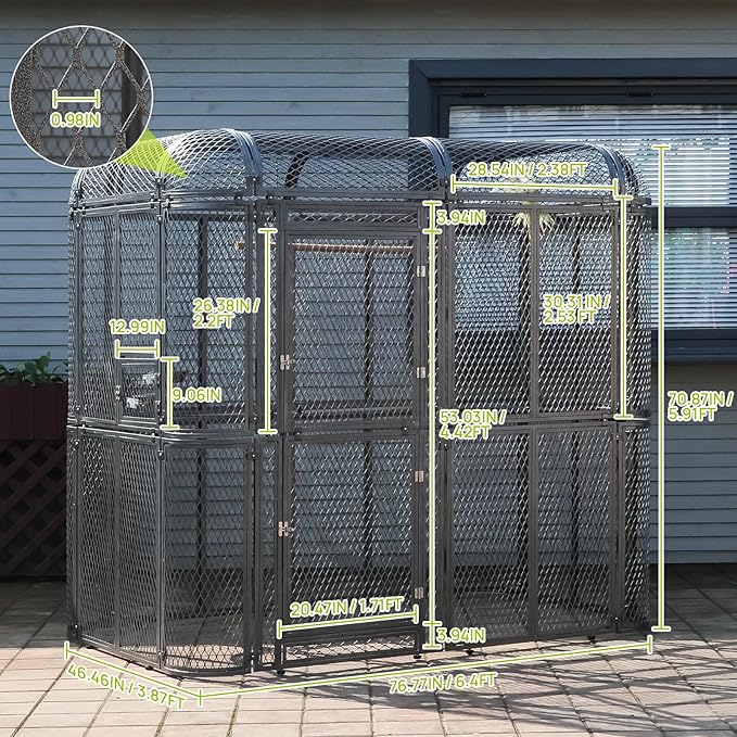 Large Metal Walk-in Cage 77-inch Heavy Duty Bird Cage Outdoor Diamond Grid Aviary Parrot Cage Wide Flight Metal Birdcage for Macaw Budgie Conure Lovebird Parakeet Cockatiel, 6.4x3.87x5.91ft, Silver