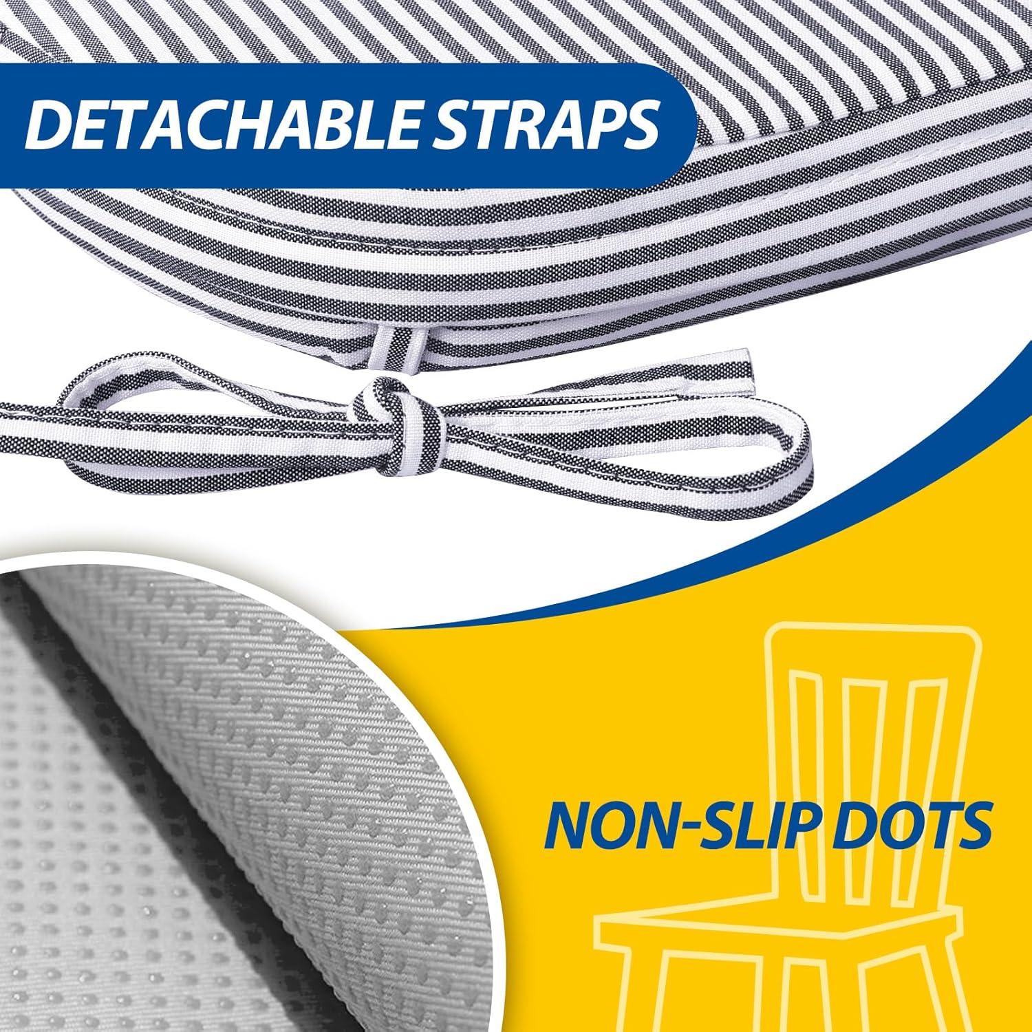 AAAAAcessories D-Shaped Chair Cushions, Featuring Ties and Removable, Machine-Washable Cover, 2'' Thick Seat Pads for Kitchen and Dining Rooms, 17'' x 16'', Set of 4, Pinstripe Dark Gray