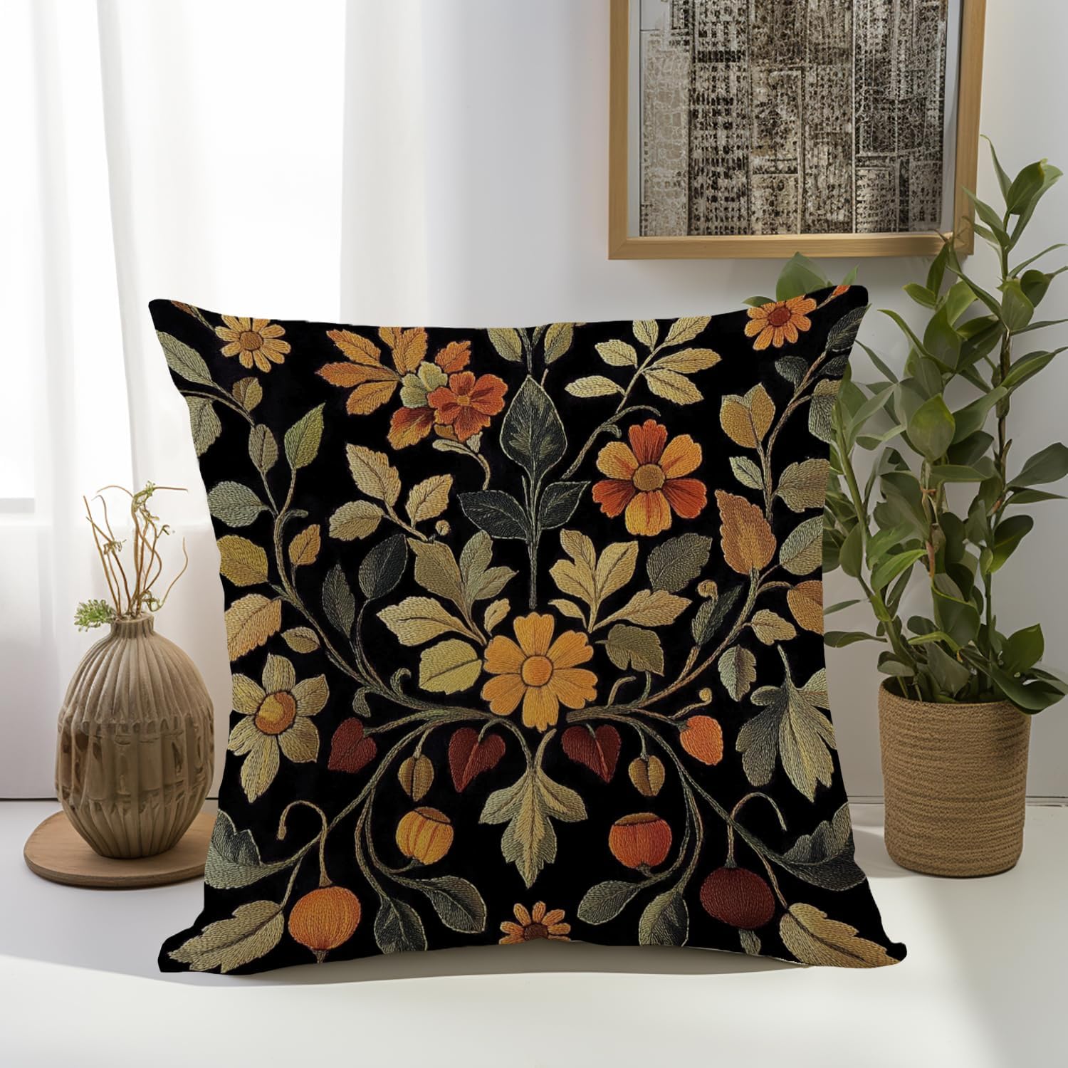 William Morris Abstract Vintage Print Floral Velvet Design Throw Pillow Covers Home Decor, Retro Art Deco Pillowcase Cushion Cover for Bed Sofa Living Room, Square 18x18inch (Black-Floral2)