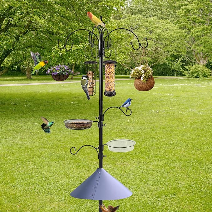 Deluxe Bird Feeding Station Kit Bird Feeder Pole with Squirrel Baffle, Suet Cage, Bath Tray for Planter Hanger - Wildlife-Friendly Design