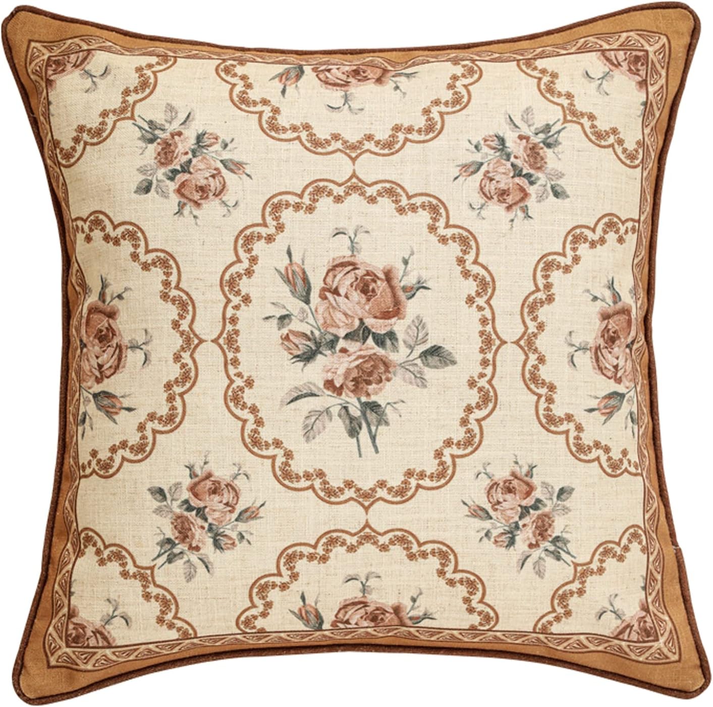 patdrea Designer Vintage Floral Throw Pillow Covers for Couch,Brown Yellow Linen Pillowcases with Bird and Rose Pattern, Decorative Square Cushion for Bed Living Room Outdoor Cafe Car,18"x18"