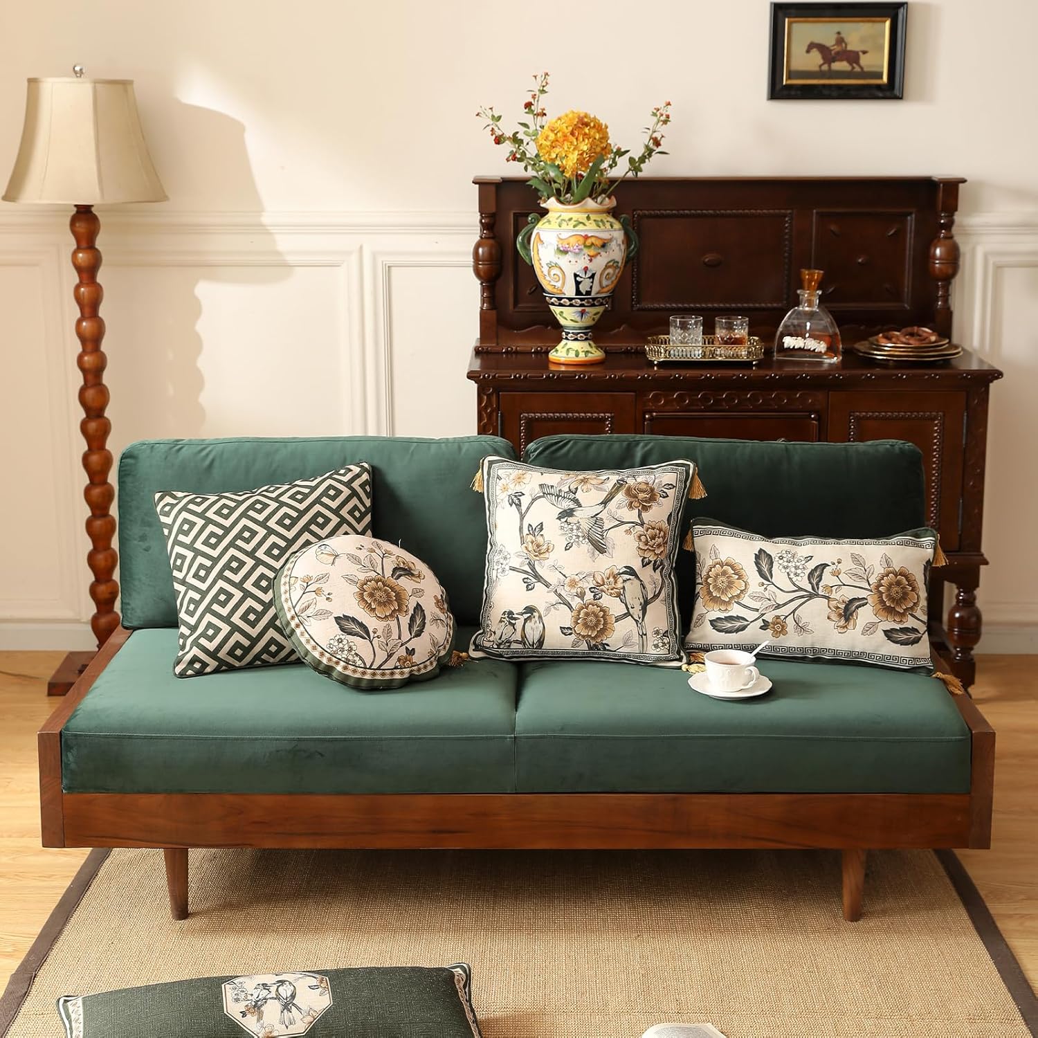 ISAENNE Design Linen Chinoiserie Rectangle Throw Pillow Covers 12"x20", Farmhouse Cushion Covers with Yellow Floral Birds Pattern Decoration Pillowcases for Bed,Living Room,Outdoor,Car