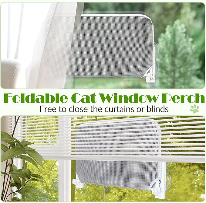 keny Foldable Cat Window Perch with 4 Larger Suction Cups, Cordless Window Bed with Reversible Cover for Cats Inside, Grey