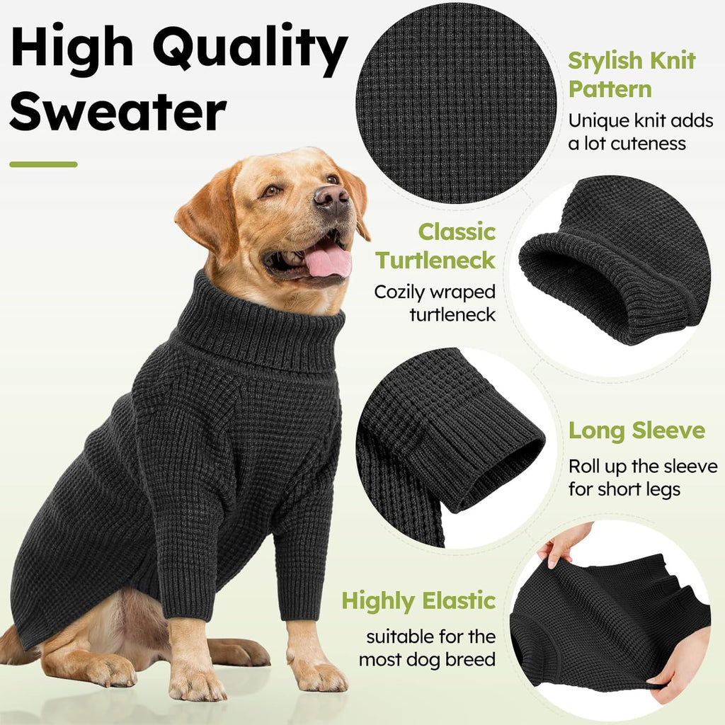 Queenmore Turtleneck Long Sleeve Knitted Sweater with Check Pattern, Warm Dog & Cat Sweater for Small to Large Pets, Charcoal Gray XS