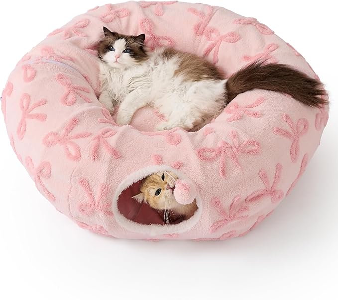 Lesure Cat Tunnel Bed for Indoor Cats - Cute Cat Donut Tunnel Toys with Washable Circle Cushion, Round Pet Peekaboo Cave Toy for Kitten/Puppy/Rabbit, Standard Pink Taffy