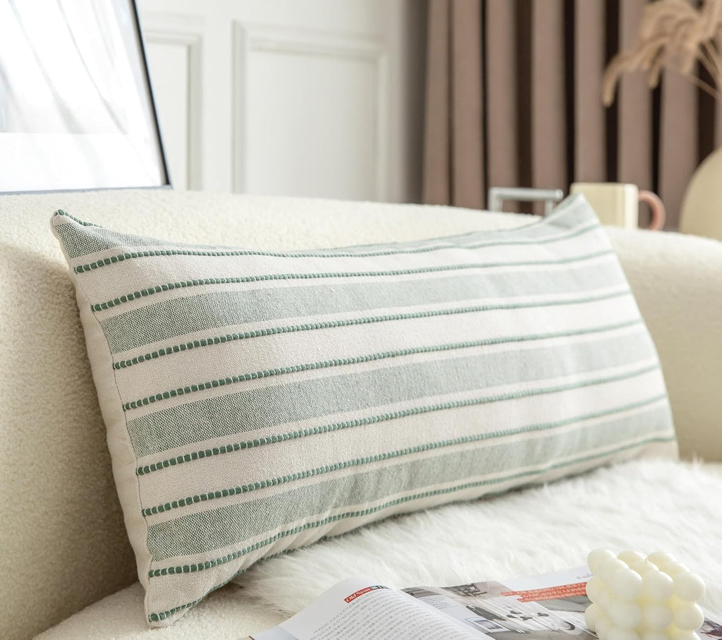 Decorative Boho Lumbar Pillow Covers, Modern Farmhouse Couch Pillowcase, 14 x 36 Long Accent Body Throw Pillow Covers, Sofa Bed Living Room Decor Cushion Case, Green and Beige, Pack of 1