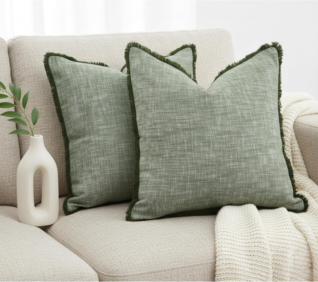 22×22 Textured Cotton Pillow Covers Decorative Fringe Boho Farmhouse Cushion Covers with Tassels Linen Like Accent Pillowcases for Bed Couch Chair Sofa Living Room,Green Set of 2