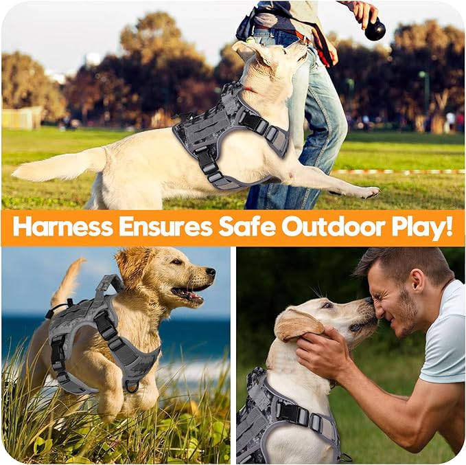 Heavy-Duty Tactical Dog Harness for Large Dogs, No Pull Adjustable Reflective Pet Vest with Molle System, K9 Military-Grade Control for Service Training, Outdoor & 10+ Breeds, Gray Camo, Small