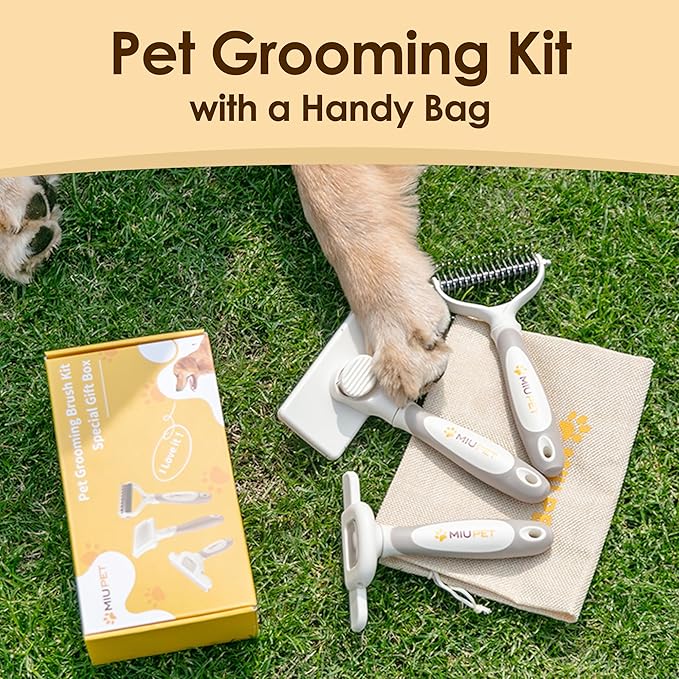 Professional Long-Haired Dog and Cat Grooming Kit - Deshedding and Slicker Brush Set 3 in 1 Gift Box for Long Hair Pets