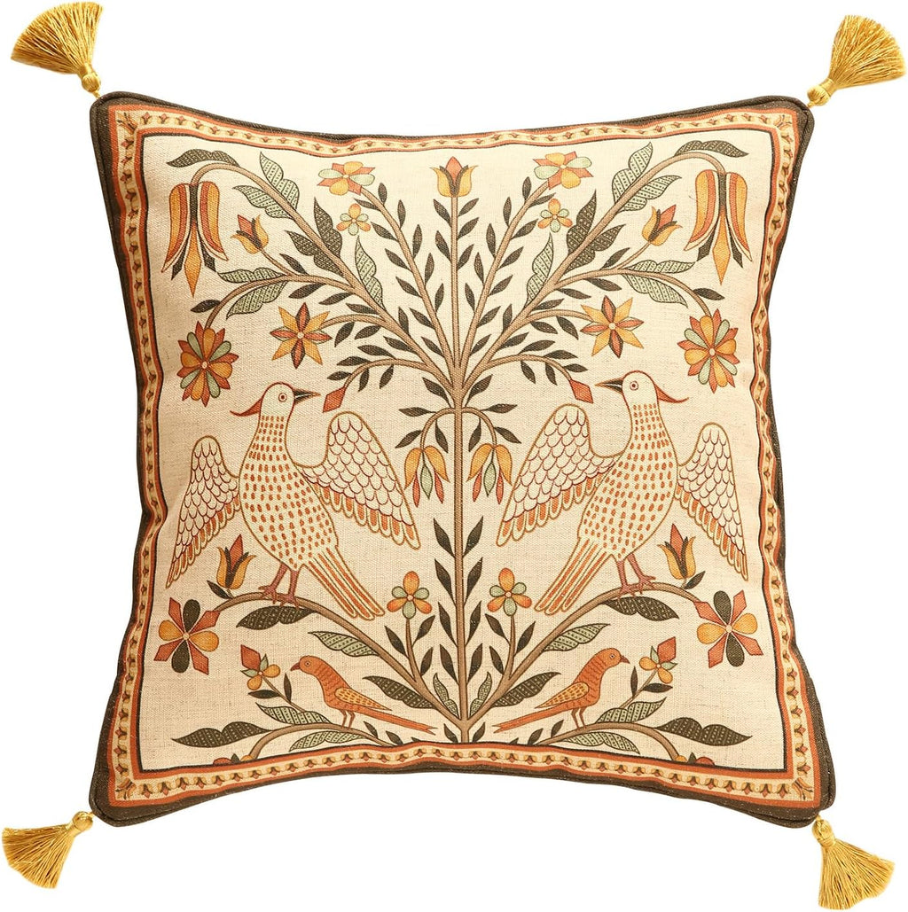 Square Brown Throw Pillow Covers,Floral Farmhouse Yellow Birds Flower Pattern Linen Accent Pillows Cover for Couch,Decorative Pillows for Couch Sofa Bed Chair Cushion Covers 18"x18"