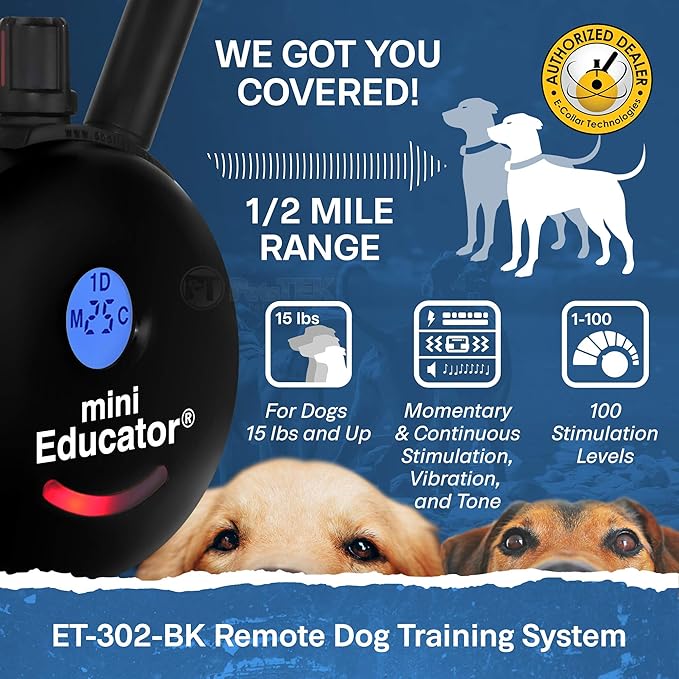 Educator ET-302 BK - 1/2 Mile Rechargeable Dog Trainer Ecollar with Remote for Small, Medium, and Large Dogs by E-Collar Technologies - Electric, Vibration, Tone, and Stimulation Training Collar