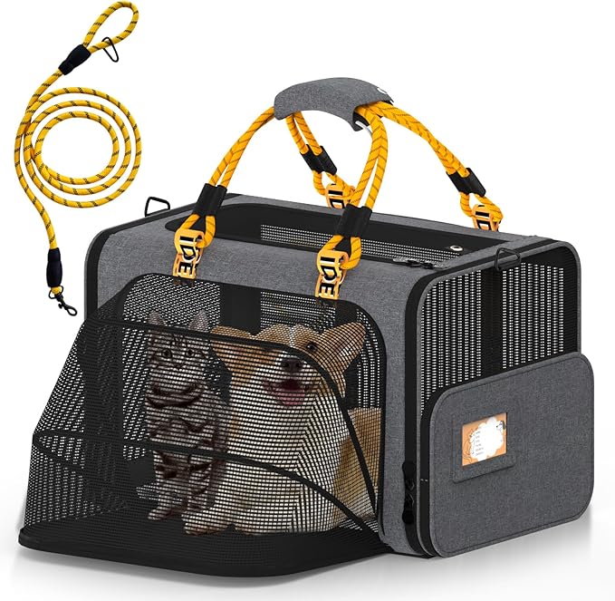 PAWZIDEA Expandable Large Pet Carrier, 24"X16"X16" Top Load Cat Carrier Bag for 2 Cats, Collapsible Dog Travel Crate for Small Medium Dog up 55lbs, Soft-Sided Car Seat Cage, XL Storage Pocket, ID Tag
