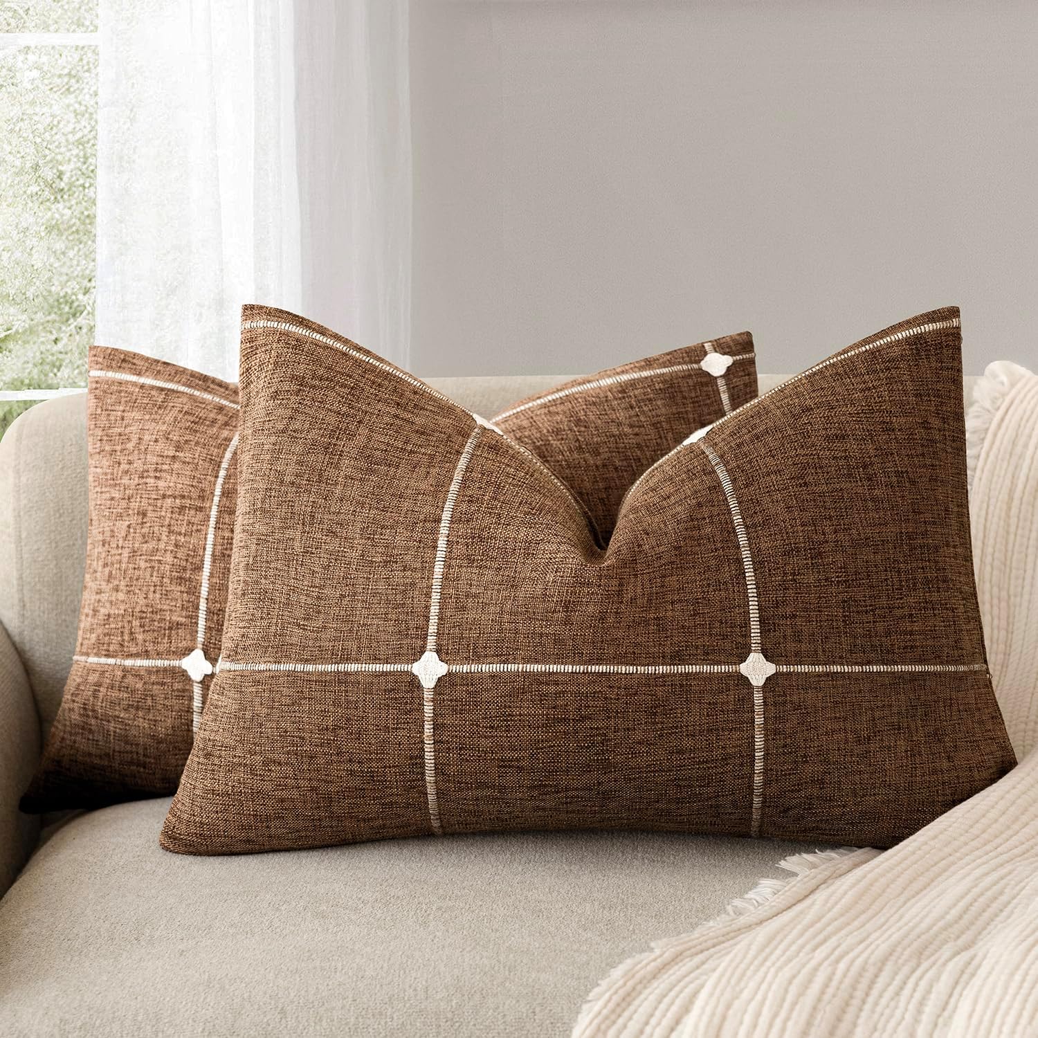 Foindtower Pack of 2 Decorative Faux Linen Jacquard Check Throw Pillow Covers Farmhouse Lumbar Cushion Cover with Grid Textured Pillowcase for Couch Sofa Living Room Home Decor,12×20 Inch,Orange Brown