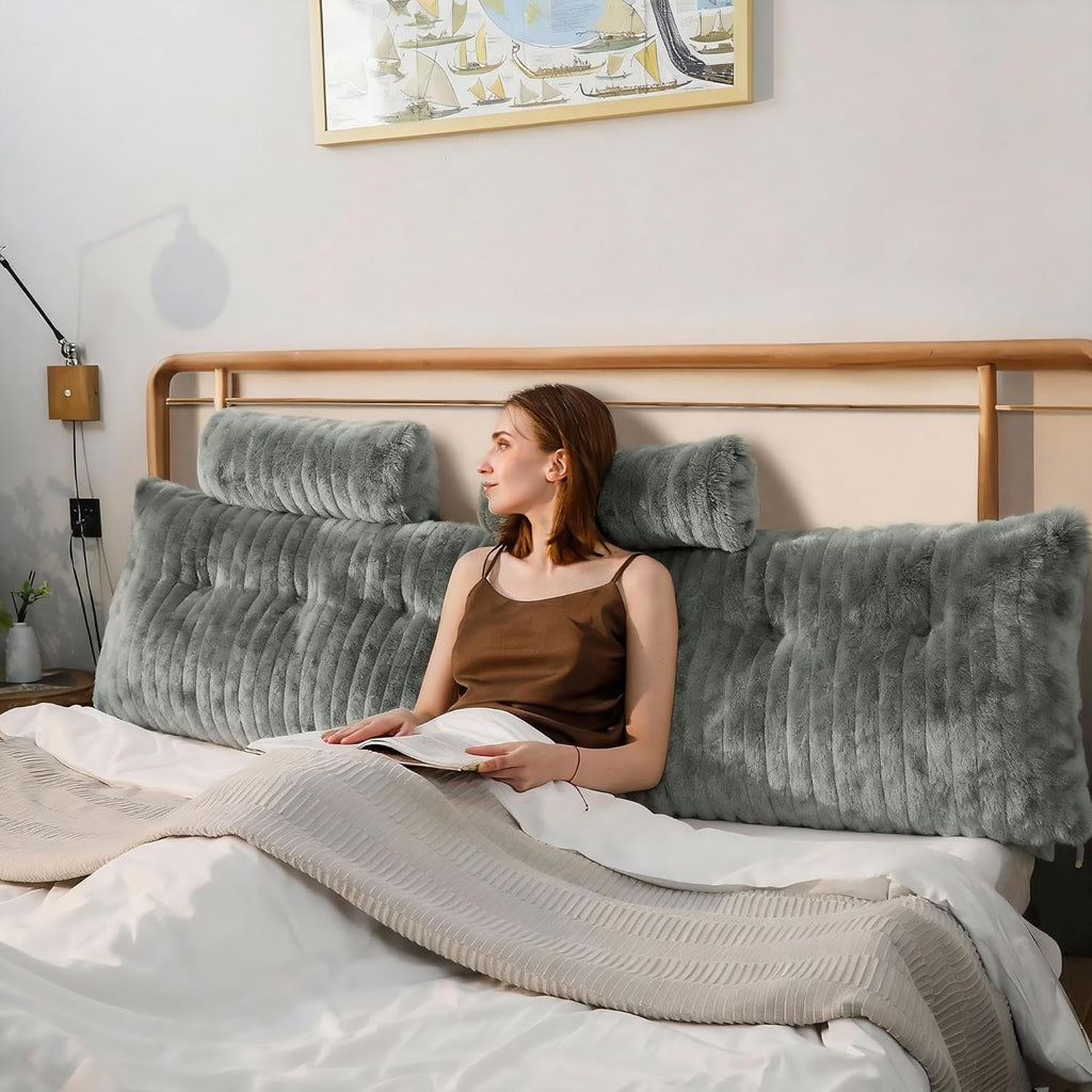 Faux Fur Headboard Pillow King Size, Triangular Wedge Backrest with Removable Head Roll & Side Pocket, Reading Pillow for Bed, Couch, Floor - Ergonomic Support for Neck, Back, Dark Grey