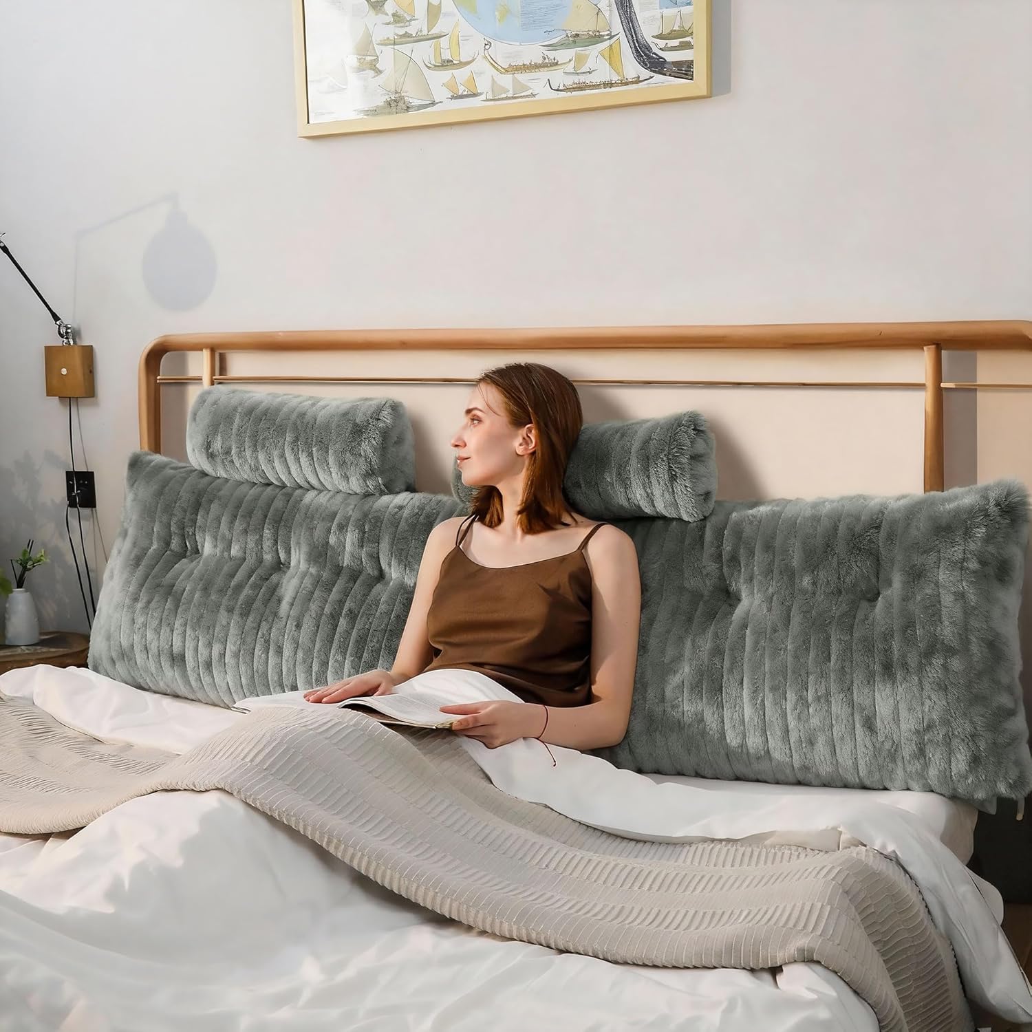 Faux Fur Headboard Pillow King Size, Triangular Wedge Backrest with Removable Head Roll & Side Pocket, Reading Pillow for Bed, Couch, Floor - Ergonomic Support for Neck, Back, Dark Grey