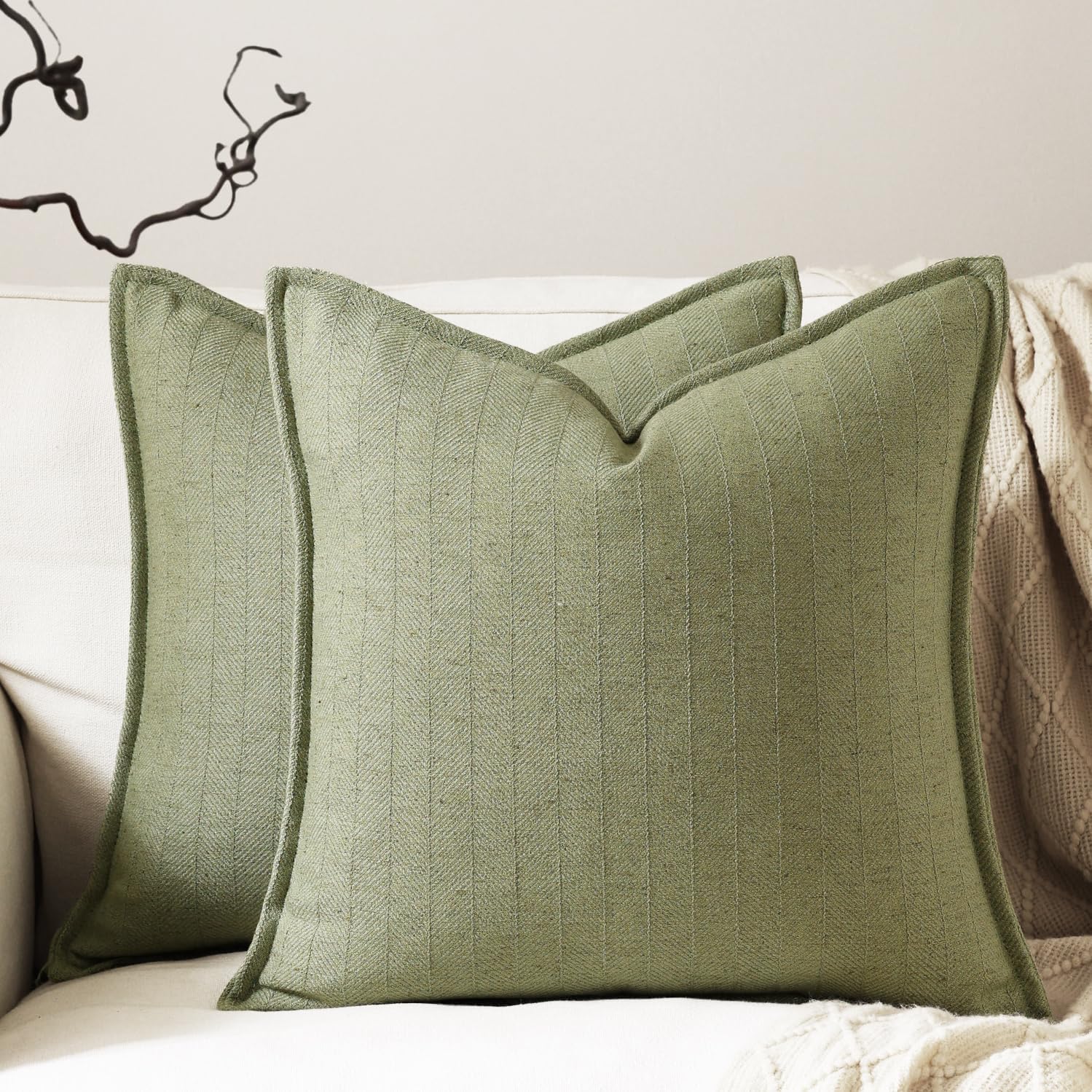 26x26 Linen Euro Sham Pillow Covers Sage Green Pack of 2 Farmhouse Boho Neutral Accents Striped Textured Square Decorative Throw Pillow Cases for Living Room Couch Bed Home Decor