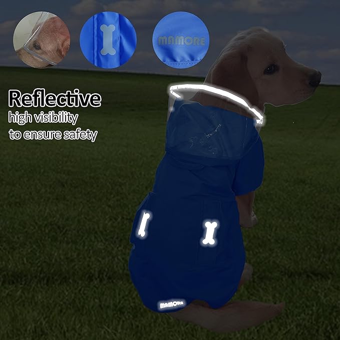 Waterproof Dog Raincoat, Adjustable Reflective Lightweight Pet Rain Clothes with Poncho Hood (4X-Large, Blue)