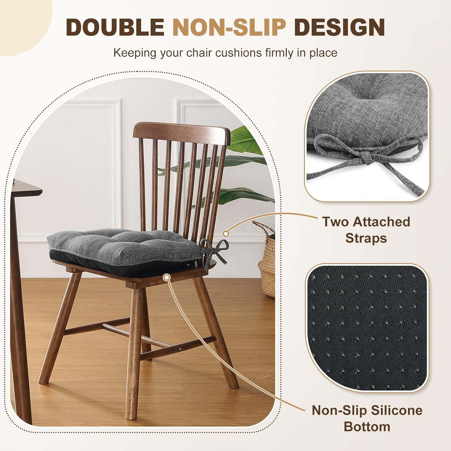 downluxe Indoor Chair Cushions for Dining Chairs, Tufted Overstuffed Textured Foam Kitchen Chair Pads with Ties and Non-Slip Backing, 15.5" x 15.5" x 4", Dark Grey, 6 Pack